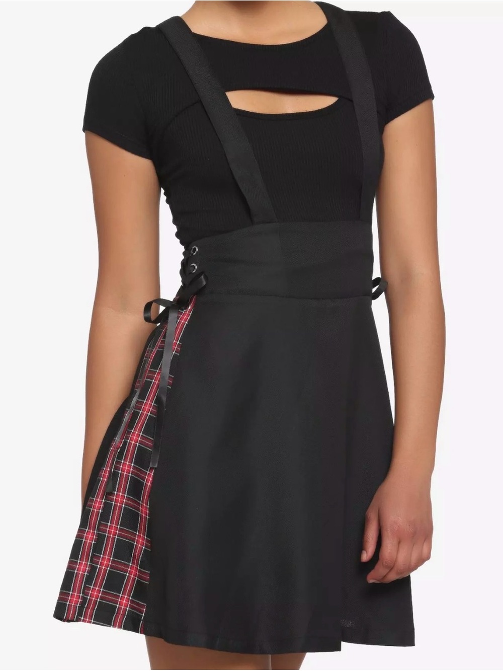 Hot Topic XL Red Black Plaid Lace Up Suspender Skirt Punk Goth